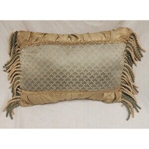 Vintage Gold & Sage Jacquard Boudoir Pillow w/ Tassel Fringe Rectangle Lumbar